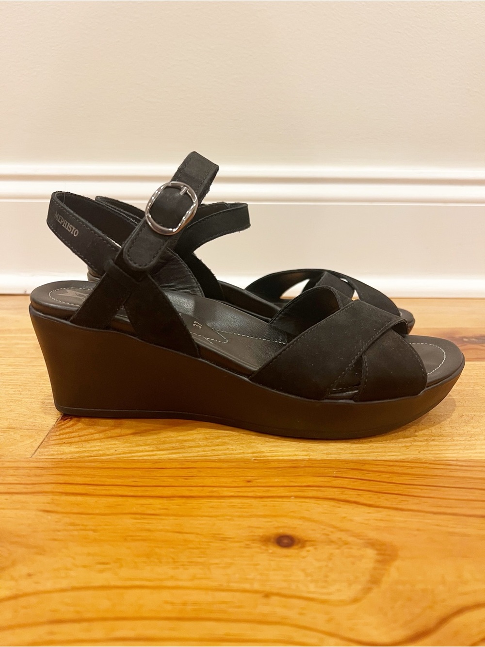 Mephisto Air Relax Wedge Sandals Womens 37 US 7 Black Leather Cushioned Comfort